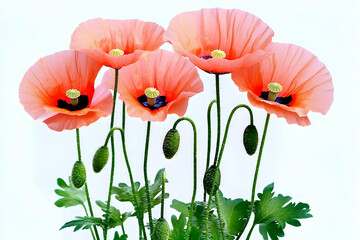 Obraz premium Five Vibrant Peach Poppies Bloom Gracefully Against a Pristine White Backdrop