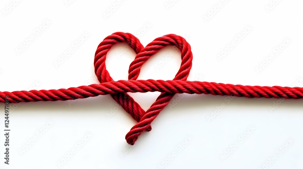 Poster red rope forms a heart shape on a white background symbolizing love and connection perfectly.