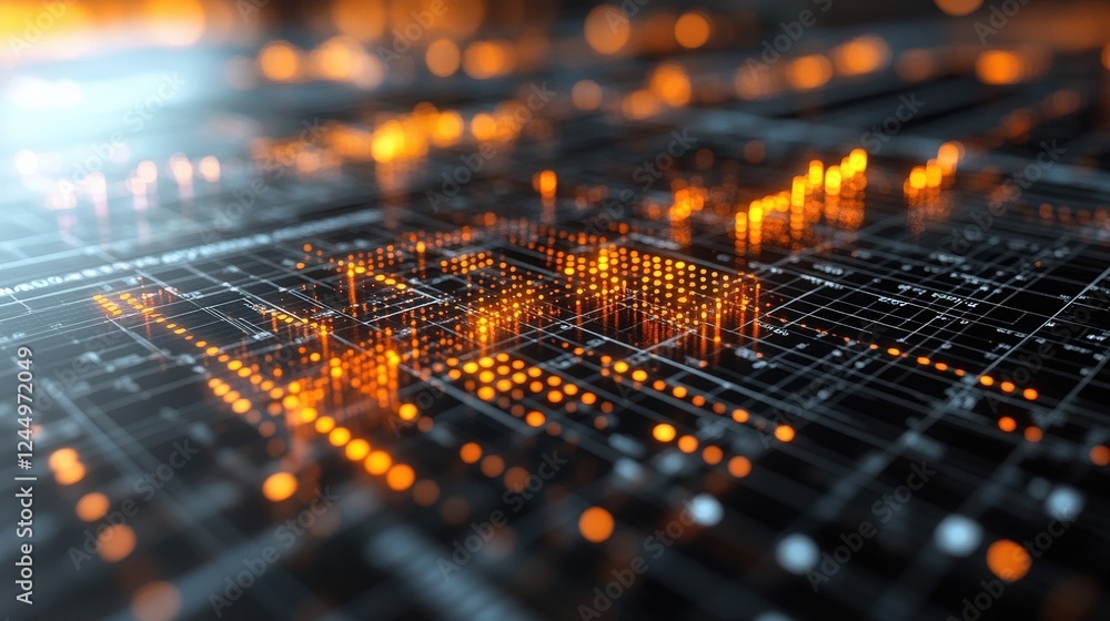 Poster abstract digital landscape with glowing orange data points and network connections in a futuristic s