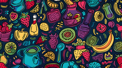 Naklejka premium Colorful pattern of various fruits and kitchen items on a dark background, ideal for food-related designs