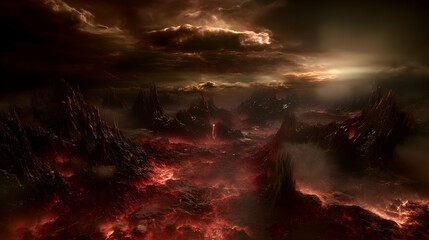 Fototapeta premium Volcanic Landscape Shows Lava Flowing Through Rugged Terrain Under Dark, Cloudy Sky.