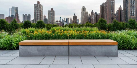 Fototapeta premium Urban Park Bench with City Skyline Background