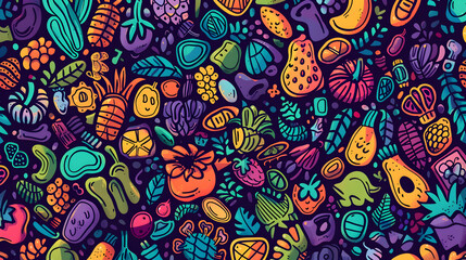 Colorful abstract pattern featuring various fruits and vegetables on a dark background