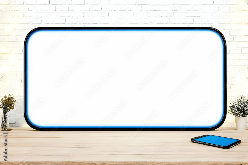 Poster blank frame mockup rests on table displaying empty space with phone and plants