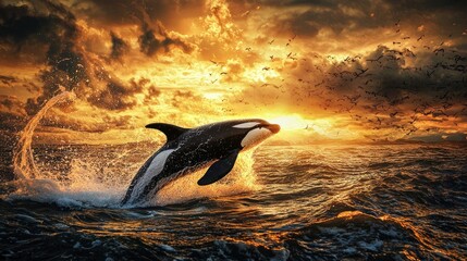 Fototapeta premium Orca Leaps Through Golden Sunset Ocean Waves