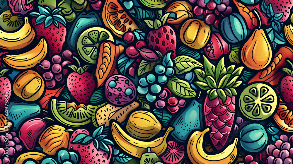 Poster vibrant and colorful assortment of various fruits artfully arranged in a seamless pattern