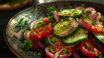 A deliciously refreshing salad made with fresh cucumbers, crisp red onions, and ripe tomatoes, lightly dressed with lemon vinaigrette