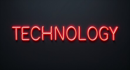 Obraz premium technology word lettering with neon red glow on plain black dark background