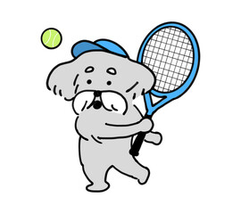 青いラケットを持ちテニスをする手描き犬