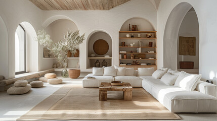 Transform your living bright white walls with wooden elements and arched decor bathed in soft daylight