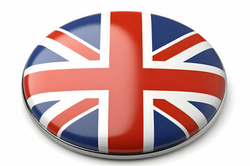 Glossy Round Button Displays the Union Jack Flag Vividly and Prominently on a White Background