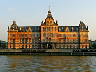 Fototapeta premium Grand Building Stands Majestically by the Water with Architectural Details in Vibrant Colors