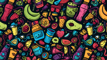 Obraz premium Colorful pattern of fruits and beverages with a dark background, ideal for food-related designs