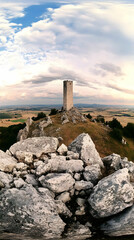Ancient Stone Tower Stands Majestically on Rocky Hilltop Overlooking Vast Landscape Under Cloudy Sky
