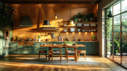 Creating a warm ambiance in a contemporary kitchen with green cabinetry and wooden dining set featuring pendant lights
