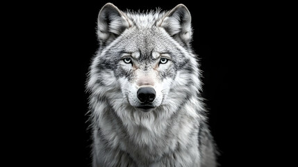 Fototapeta premium Majestic grey wolf portrait, black background, wildlife, nature