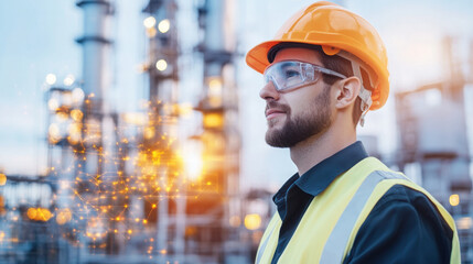 reliability engineer in hard hat and safety glasses stands confidently at refinery, showcasing dedication and professionalism in dynamic industrial environment