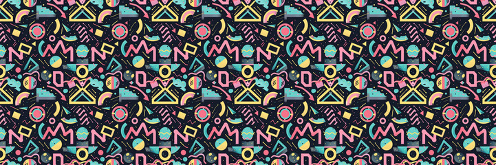Obraz premium Seamless pattern with geometric shapes in the style. Multicolored vintage background with triangles, circles and squares for textile, fabric and Sudanese fabric art.