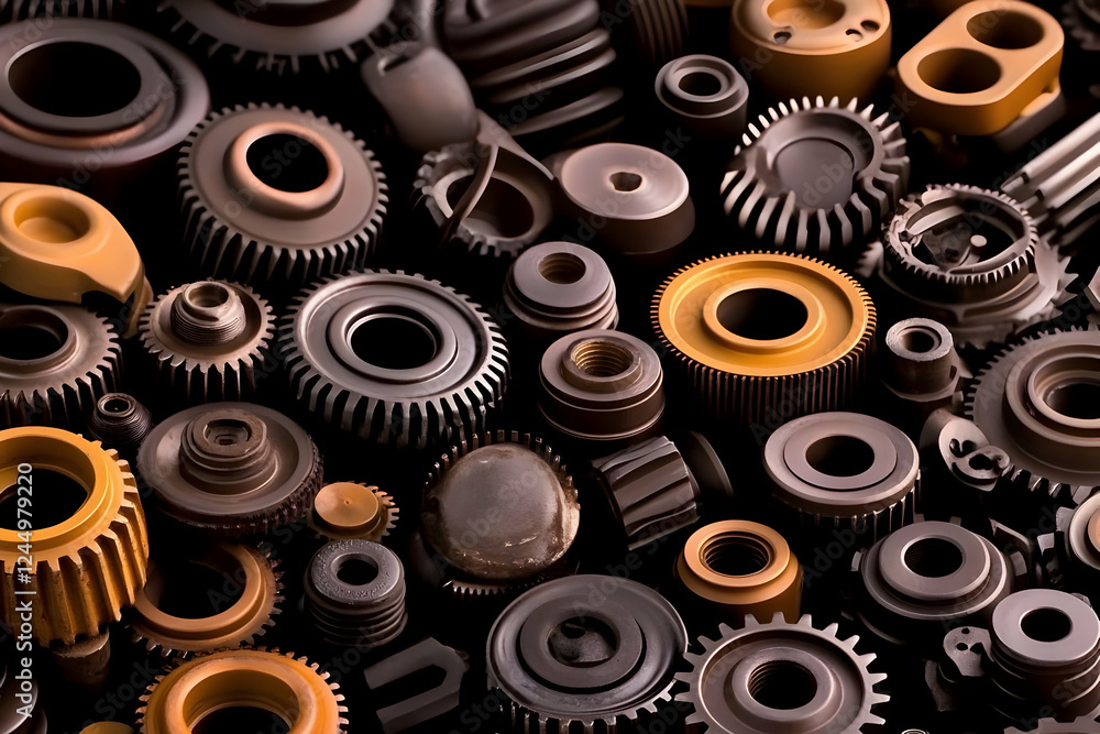 Poster assortment of gears and cogs creates intricate mechanical background design with contrast and textur