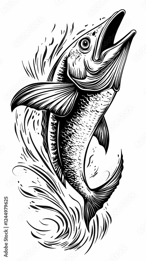 Poster a leaping fish breaches the water's surface with open mouth and splashing waves dynamically.