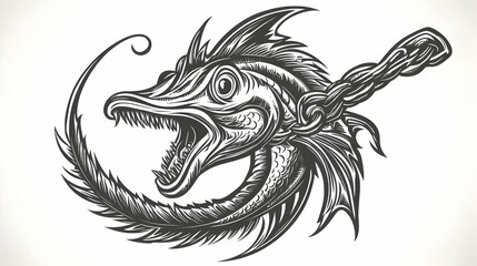 Fototapeta premium Fierce Fish Illustration with Chain and Feather Elements in a Circular Design.