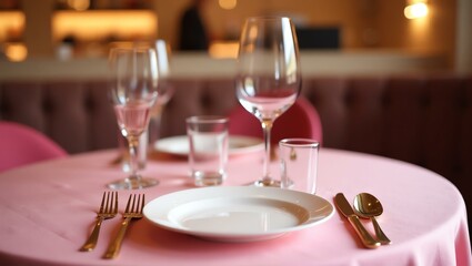 closeup of pink themed fancy table setup on restaurant background