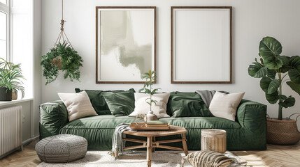 Designing a cozy living room with light wood elements and green sofa featuring blank frames and soft natural light