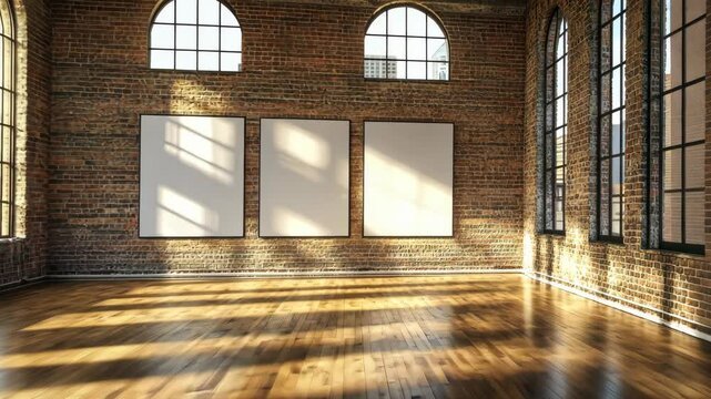 Sunlit loft gallery with rustic brick walls and gleaming wooden floors