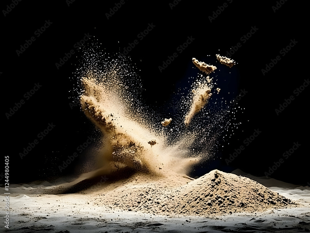 Poster sand explosion erupts dramatically against a dark background with dynamic movement and texture