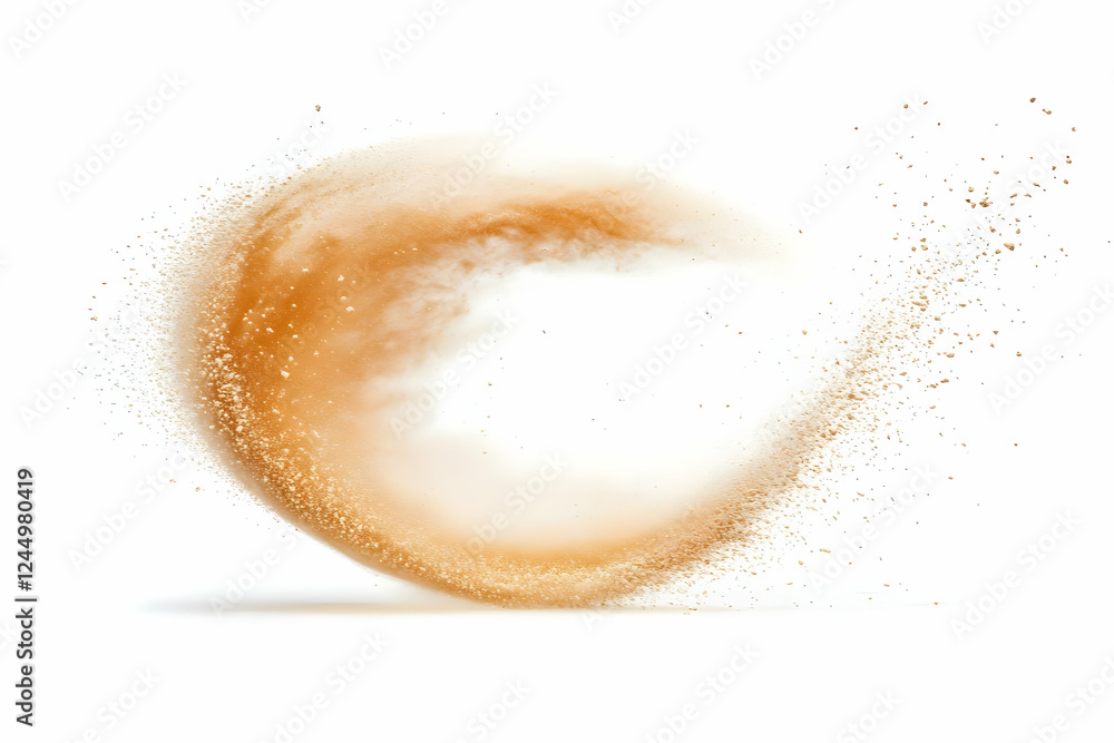 Poster brown powder exploding forms a circular cloud on a white background.