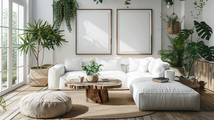 Create a cozy living room atmosphere with white sectional sofa blank frames light wood coffee table and natural decor
