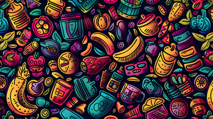 Fototapeta premium Colorful and vibrant illustration of various food and drink items scattered across a dark background