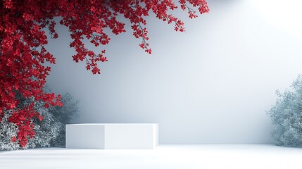 White Cube Display With Red And White Floral Accents