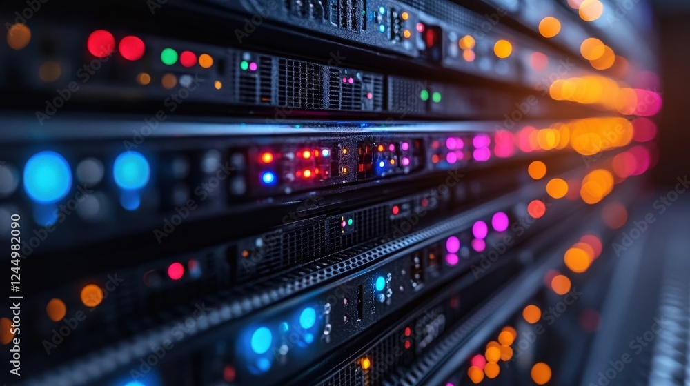 Poster close-up view of illuminated server rack showcasing vibrant led indicators and technology