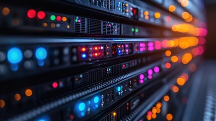 Close-up view of illuminated server rack showcasing vibrant LED indicators and technology