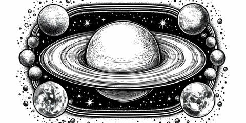 Detailed Ringed Planet Illustration with Moons and Stars in Black and White with Space Theme