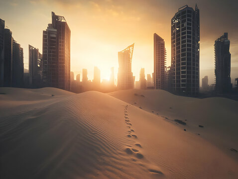 Footprints Lead Through Desert Sands Towards Abandoned City Buildings at Sunset.