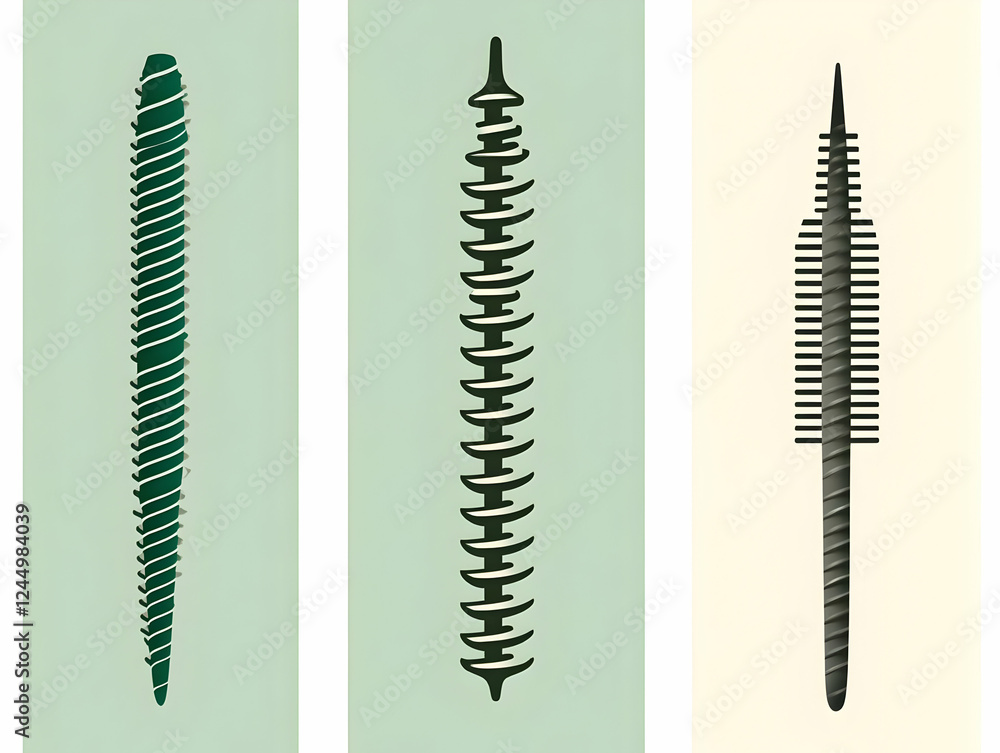 Poster three different types of screws displayed vertically on varied backgrounds with subtle lighting