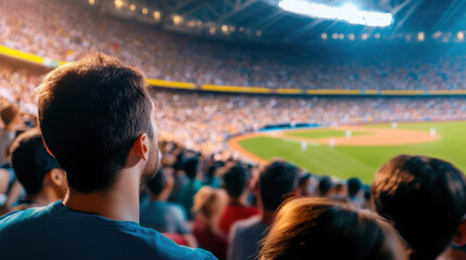 person watching baseball game in crowded stadium, filled with excitement and anticipation. atmosphere is vibrant and energetic, capturing essence of live sports event