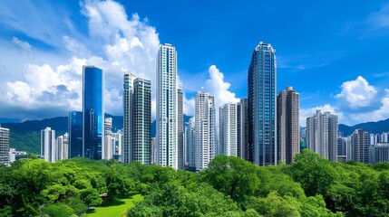 Fototapeta premium Modern City Skyline With Lush Greenery Under A Blue Sky