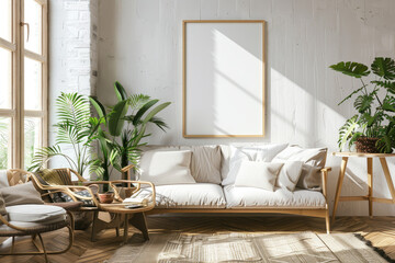 Enhancing modern living room appeal with light wood furniture indoor plants and a blank frame in a contemporary