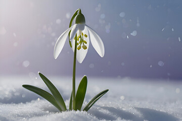 Snowdrop flower in surreal background, capturing delicate beauty and tranquil atmosphere.