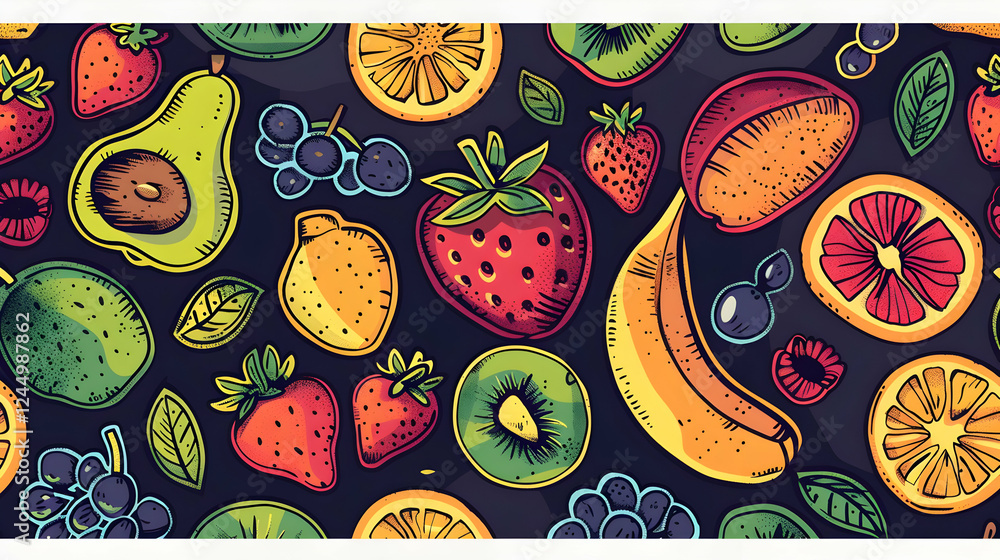 Poster a vibrant pattern of assorted fruits on a dark background, ideal for culinary and design use