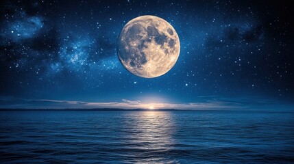 Full moon over tranquil ocean at night, stars and Milky Way.