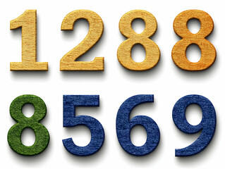 Gold, Green, and Blue Textured Numbers Isolated on White Background Create a Visually Striking Design