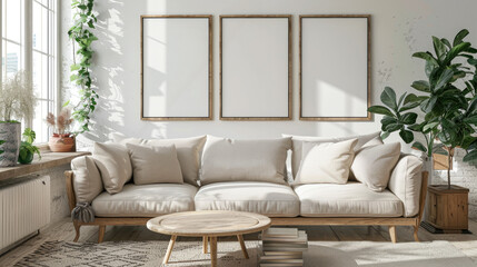Creating a cozy atmosphere stylish living room with beige sofa blank frames wooden coffee table natural light