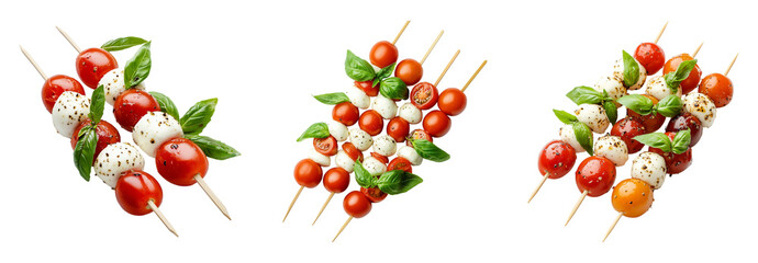 Set of mini caprese skewers with mozzarella and cherry tomatoes isolated on transparent background, cut out