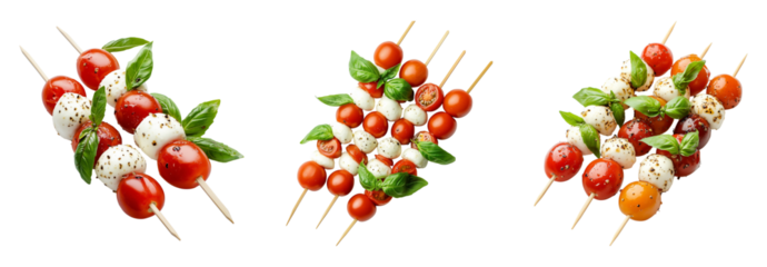 Set of mini caprese skewers with mozzarella and cherry tomatoes isolated on transparent background, cut out