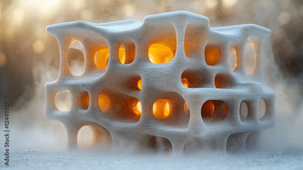 Poster abstract illuminated structure with organic shapes glowing amidst fog in a serene background