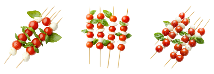 Set of mini caprese skewers with mozzarella and cherry tomatoes isolated on transparent background, cut out